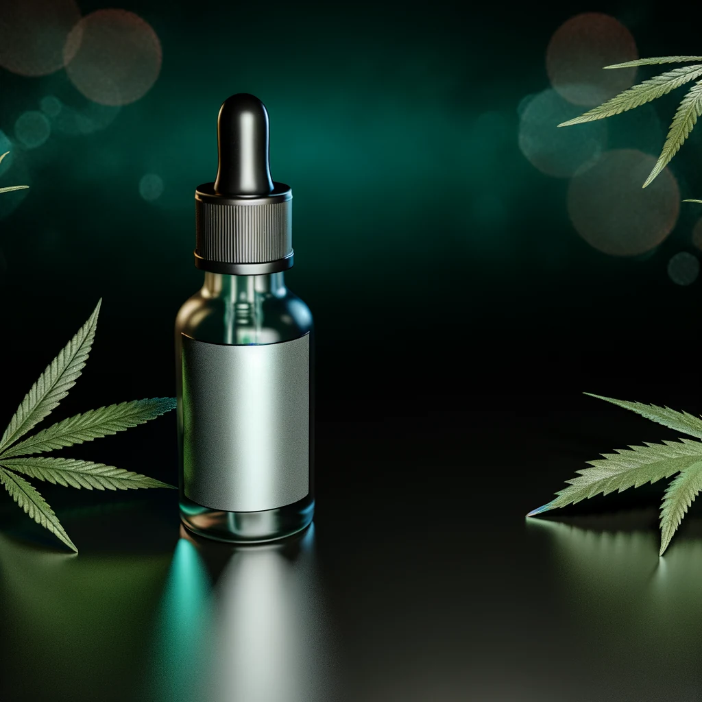 Premium cannabis wellness still life with a blank dropper bottle and botanical leaves